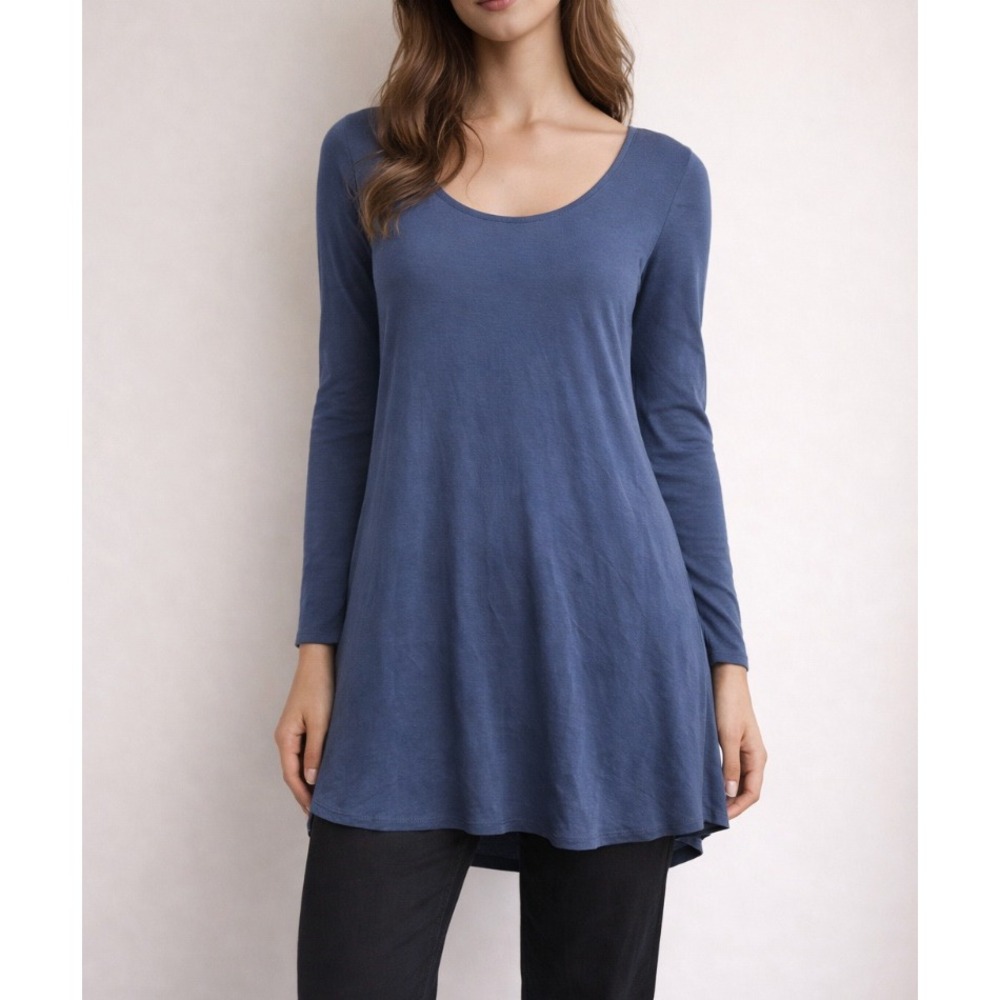 EILEEN FISHER Long Sleeve Scoop Neck Tunic Top‎ Blue Viscose Lycra Size Small